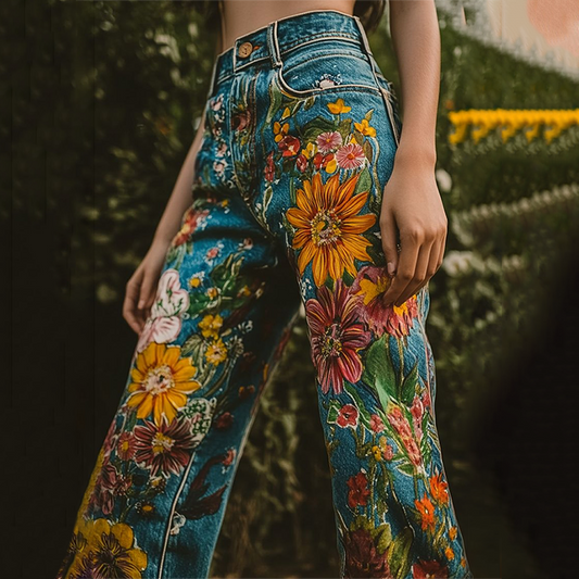 Vintage Boho Floral Art Button High Waist Wide Leg Jeans elevenforest