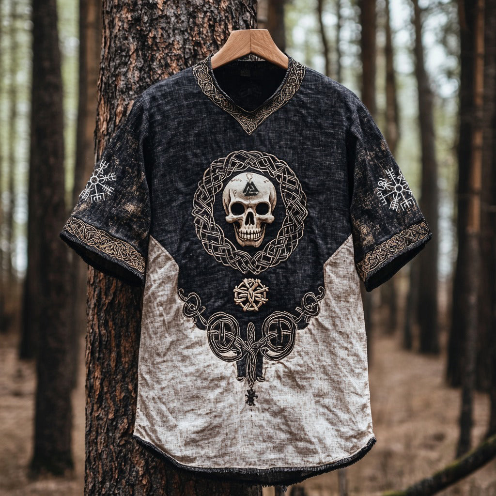 Men's Viking Tribal Skull Runes Embroidery Art Linen Crew Neck T Shirt elevenforest