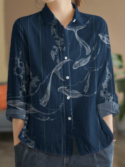 Comstylish Dreamy Ocean Whales Art Linen Blend Blouse