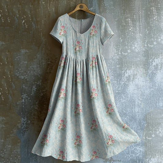 Women's Vintage Rose Print V-neck Short Sleeve Midi Dress elevenforest