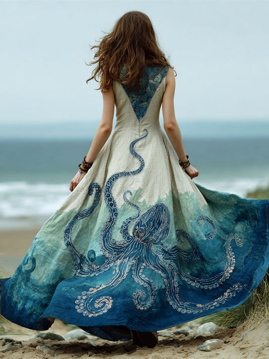 Ocean Octopus Art Vintage Women's Linen Vest Maxi Dress elevenforest