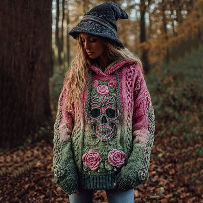 Women's Viking Tribal Jacquard Celtic With Rose And Skull Inspired Chunky Knit Hooded Sweater artswardrobe