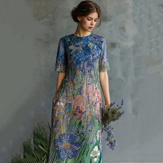 Women's Oil Painting Floral Sequined Maxi Dress