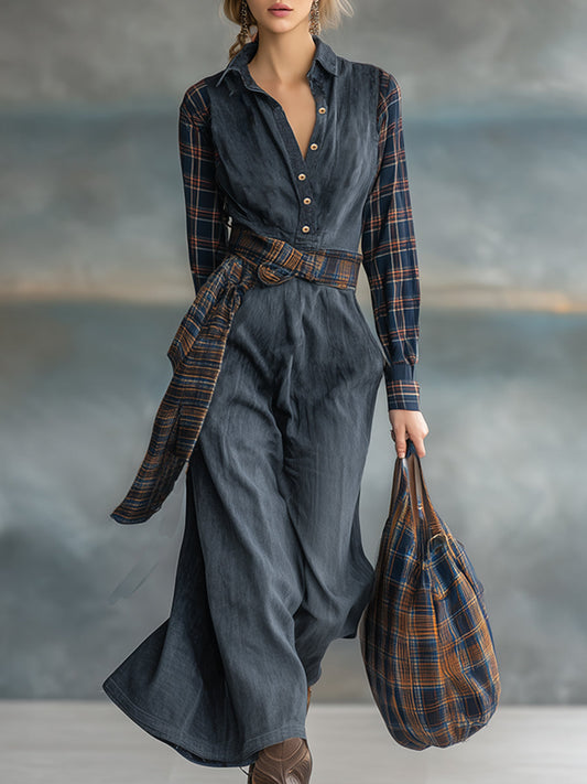 Fashionable Retro Gray Denim Patchwork Plaid Long-sleeved Maxi Dress