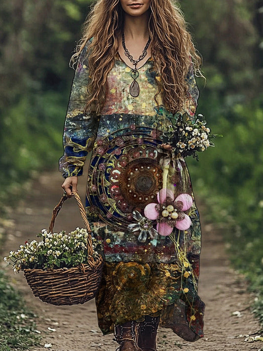 Western Vintage Floral Pattern Women's Flowy Maxi Dress elevenforest