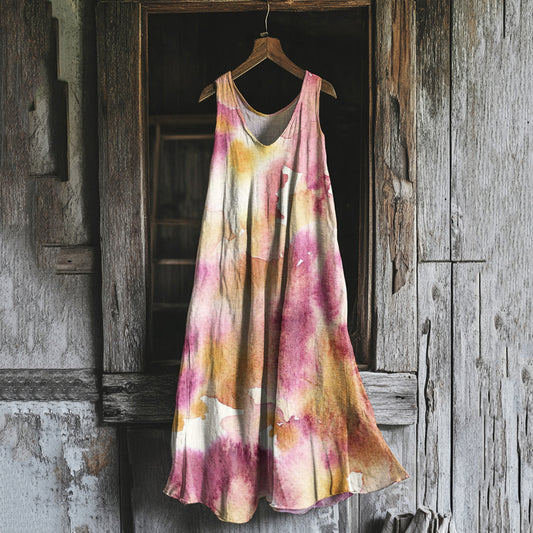 Vintage Pink Floral Painting Art Linen Tank Dress elevenforest