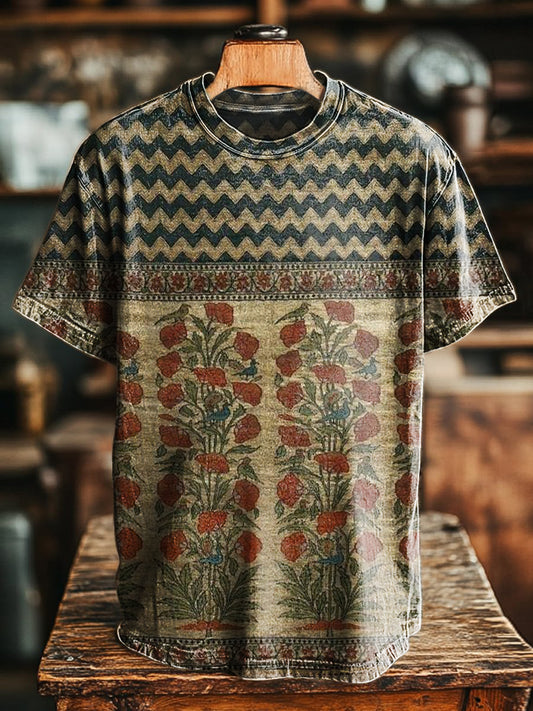 Unisex Vintage Bohemian Floral Art Printed Casual Round Neck Short Sle