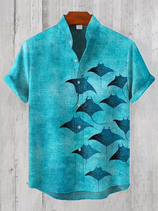 Men's Manta Rays Art Print Linen Blend Casual Shirt elevenforest