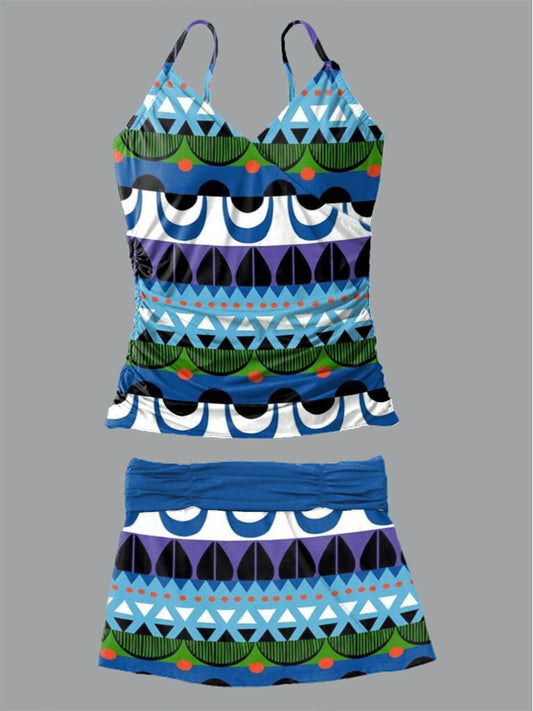 Women's Geometric Patterns Print Suspender Shirred Swimsuit Set