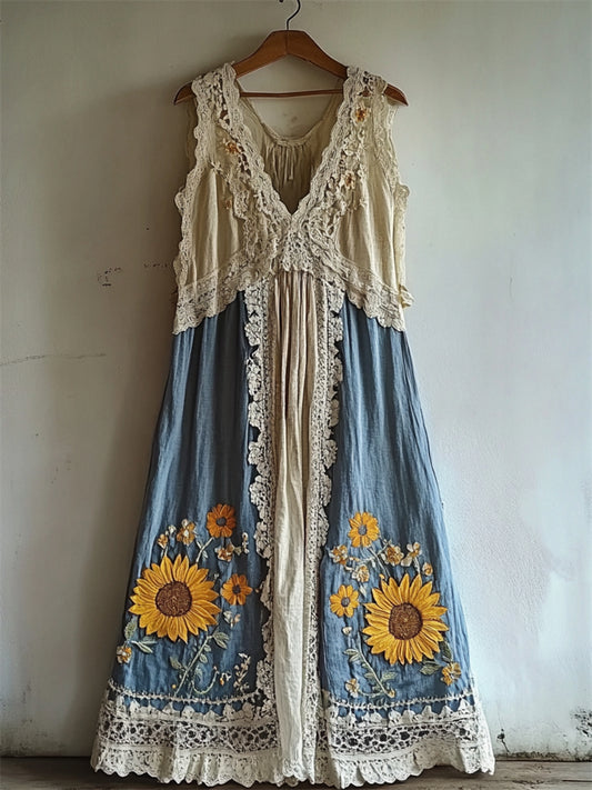 Boho Sunflowers Embroidered Lace Hem Linen Dress elevenforest