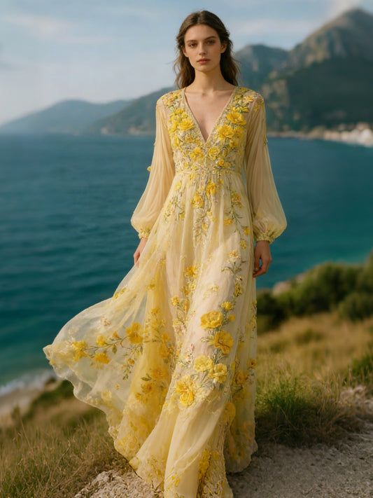 Vintage Boho Print V Neck Long Sleeve Flowy Maxi Dress elevenforest