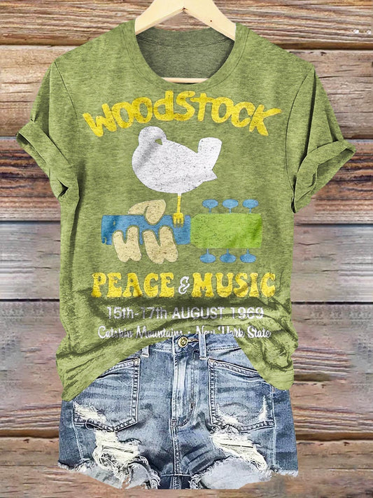 Women's Woodstock Peace & Music Print Crew Neck T-shirt