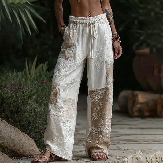 Women's Retro Floral Patchwork Art Casual Linen Pants elevenforest