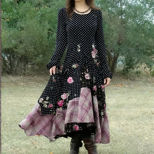 Women's Vintage Polka Dot And Rose Floral Plaid Patchwork Linen Dress elevenforest