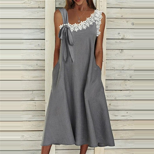 Elegant Lace Asymmetrical Collar Sleeveless Knit Dress