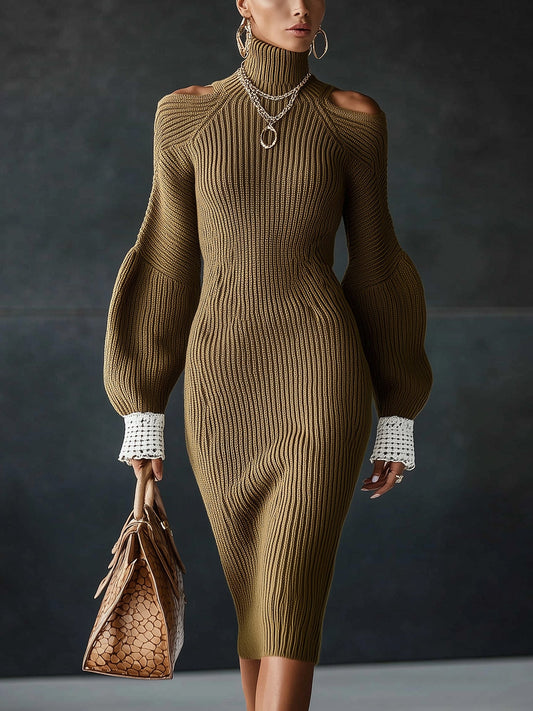 Olive Ribbed Knit Cold Shoulder Long Sleeve Bodycon Dress