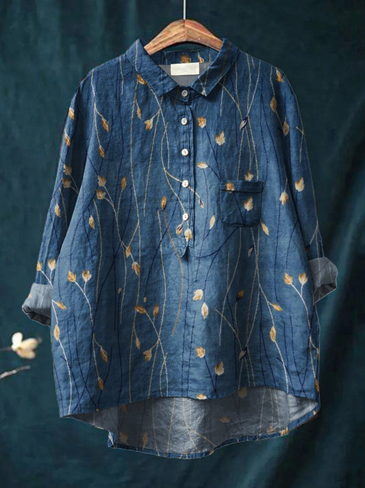 Women's Floral Art Print Casual Cotton And Linen Shirt