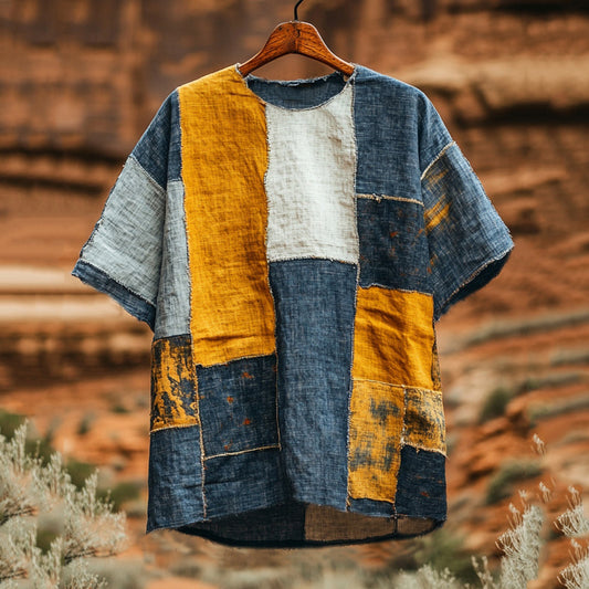 Men's Contrast Color Patchwork Linen T-shirt elevenforest