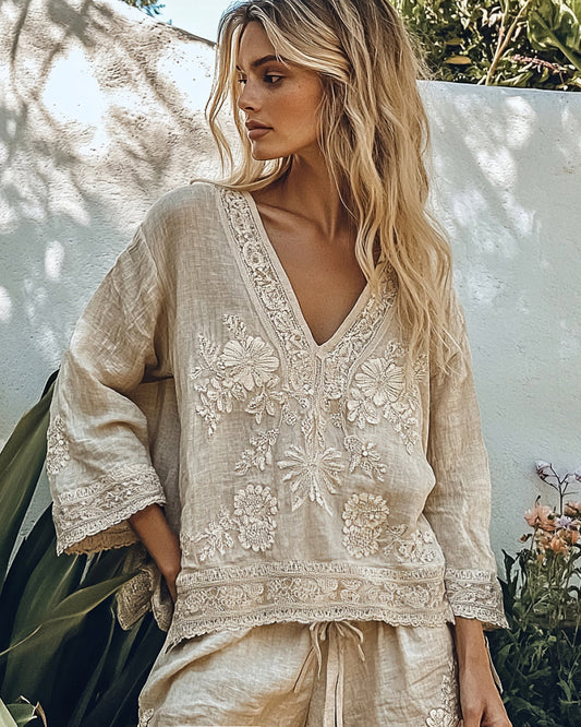 Vintage Floral Embroidery Art Cotton Linen Casual Shirt elevenforest