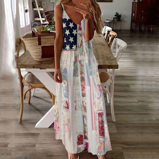 Women's Vintage Independence Day Flag Floral Patch Boho Dress elevenforest