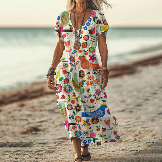 Women's Floral And Bird Art Print Short Sleeve Dress elevenforest