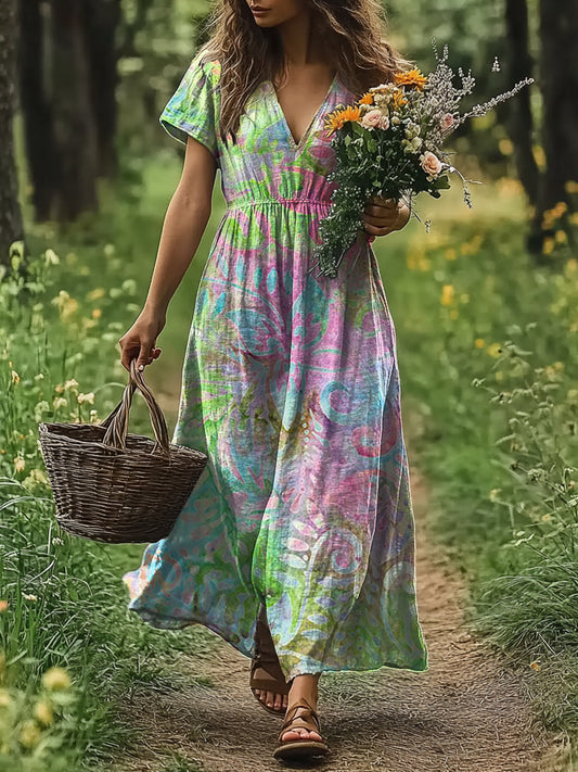 Women's Artistic Floral Ethnic Style Colorful Printed V-Neck Dress