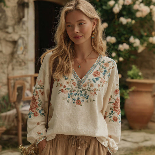 Women's Bohemian Art Floral Pattern V-neck Long-sleeved Top elevenforest