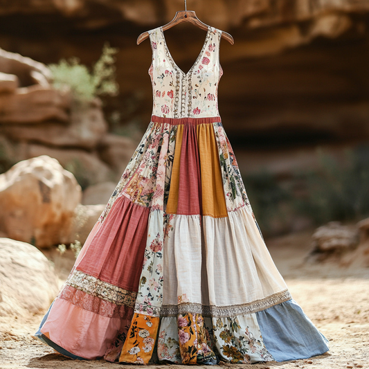 Women's Vintage Bohemian Applique Art Cotton And Linen Dress elevenforest