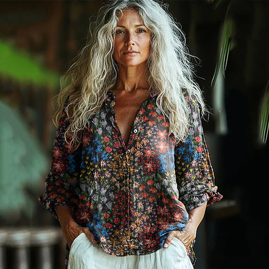 Bohemian Style Linen Colorful Floral Art Print  Long Sleeve Shirt elevenforest
