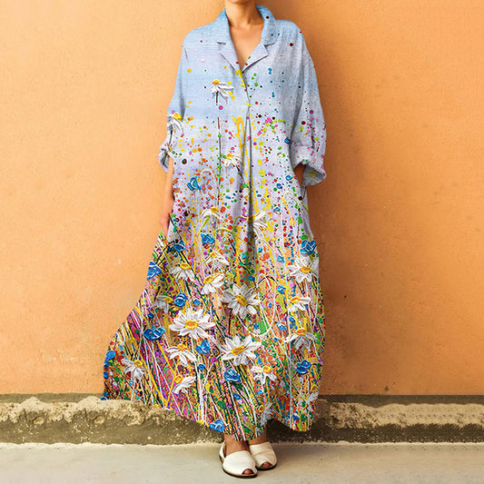 Vintage Color Floral Lapel Long Sleeve Dress elevenforest