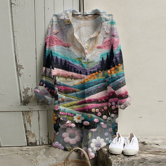 Comstylish Casual Dreamy Pink Village Art Printed Long Sleeve Tunic