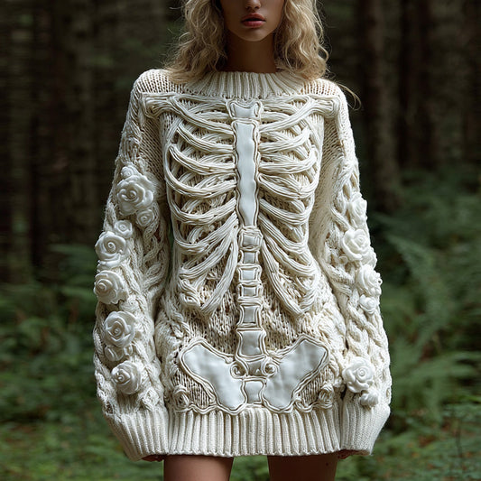 Comstylish Women's Vintage Halloween Skeleton Bones With White Rose Art Cozy Knit Mini Sweater Dress