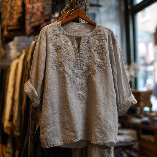 Women's Ethnic Floral Embroidered Casual Linen Shirt elevenforest