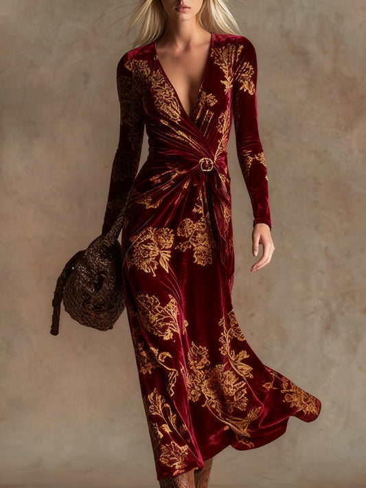 Elegant vintage print V-neck velvet maxi dress