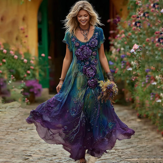 Women's Bohemian Floral Art Gradient Linen Blend Short Sleeve Midi Dress elevenforest