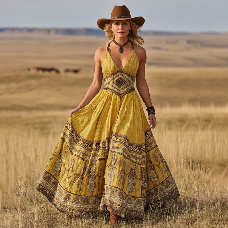 Women's Vintage Western Print Suspender Maxi Dress artswardrobe