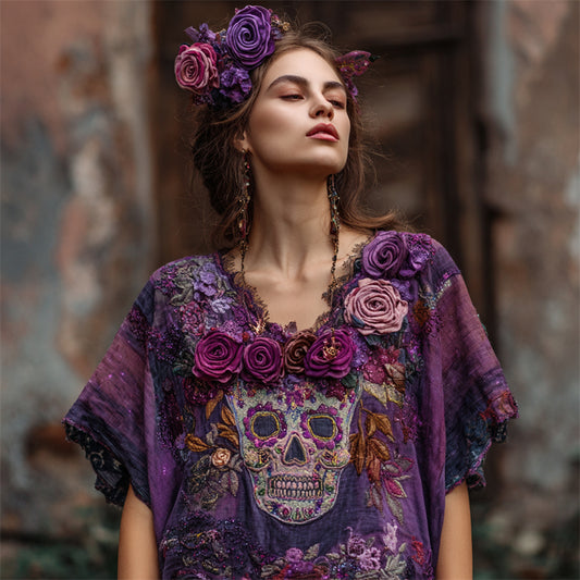 Day Of The Dead Purple Roses Sugar Skull Embroidered Fiber Art Linen Shirt elevenforest