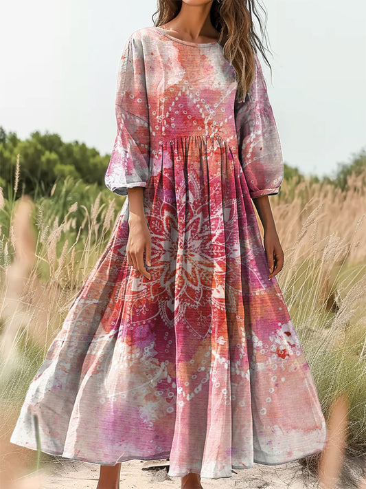 Women's Tie-dye Ethnic Mandala Art Print Flowy Cotton Crew Neck Dress