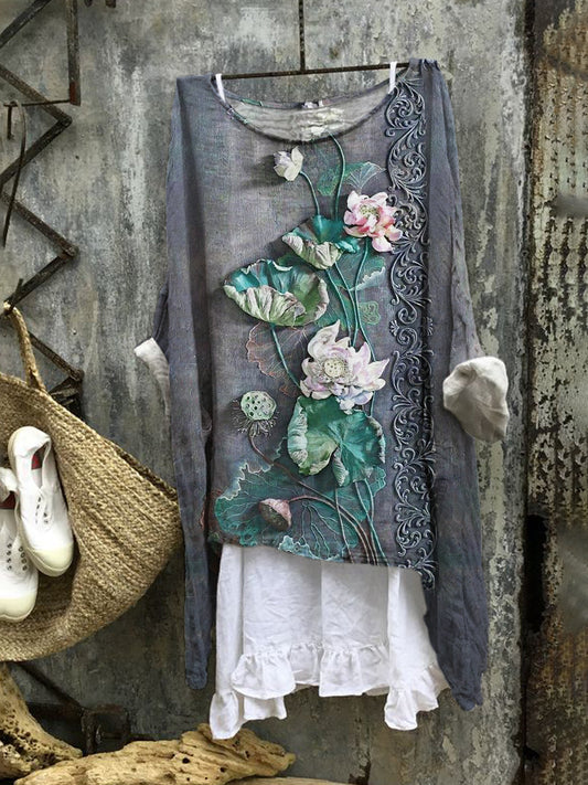 Comstylish Japanese Embossed Lotus Flower Linen Blend Tunic