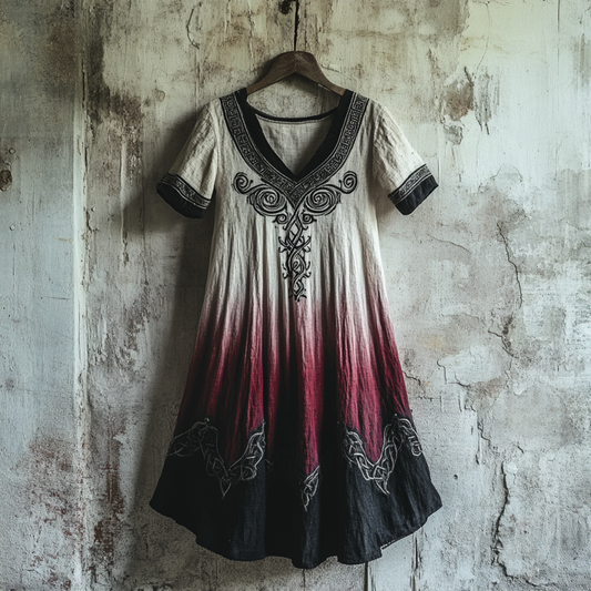 Bohemian Viking Tribal Celtic Knot Gradient Embroidery Art Linen Round Neck Midi Dress elevenforest