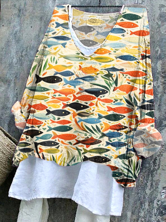 Comstylish Fish Oil Painting Art Print Linen Blend Casual Shirt