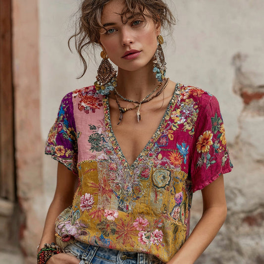 Women's Vintage Bohemian Floral Embroidery Art V-neck Short Sleeve Linen Blend T-shirt elevenforest