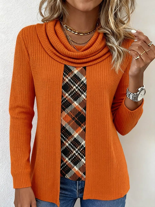 Women's Contrast Knitted Plaid Contrast Color Panel Top 
