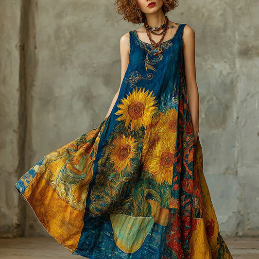 Women's Oil Painting Sunflower Art Print Round Neck Tank Midi Dress