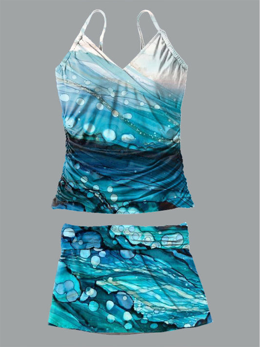 Women's Texture Art Printed Suspender Shirred Swimsuit Set