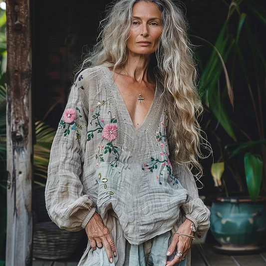 Retro Bohemian Floral Linen Art Print Long Sleeve V-neck Shirt elevenforest