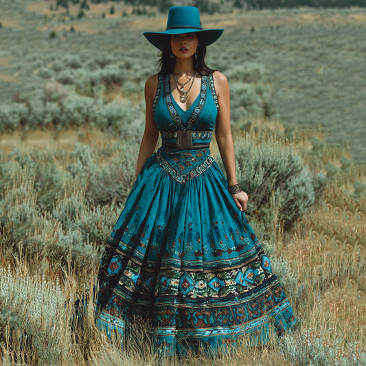 Women's Western Geometric Print V-neck Tank Maxi Dress elevenforest
