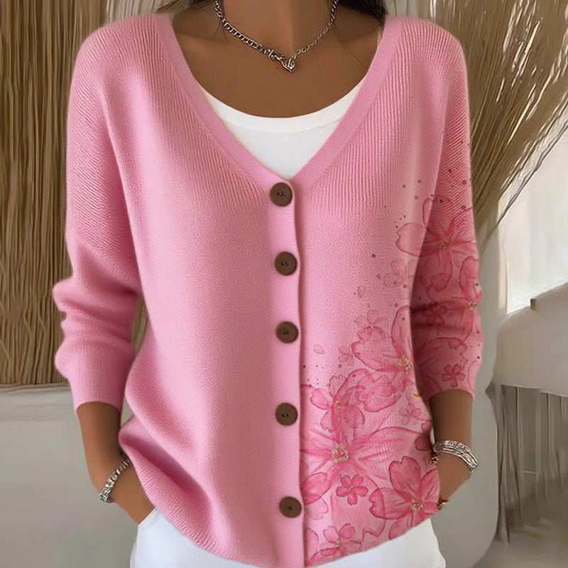 Women's Pink Awareness Floral Print Casual Cardigan elevenforest