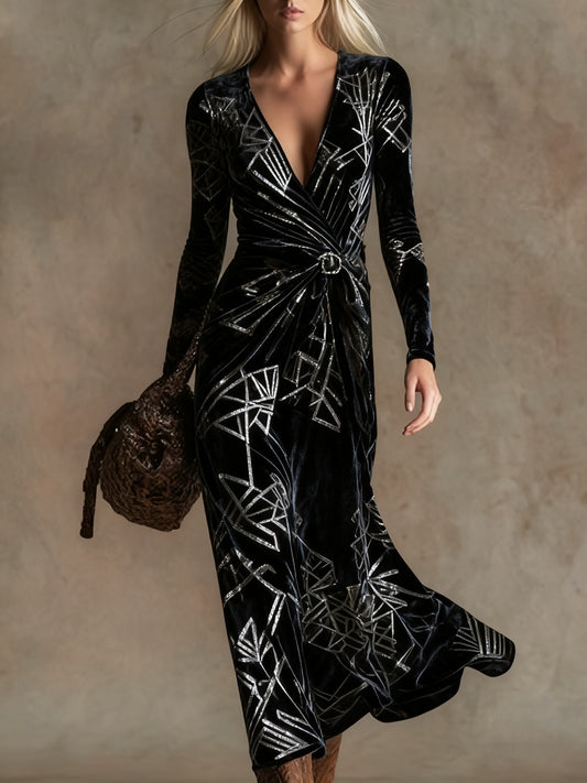 Elegant vintage print V-neck velvet maxi dress