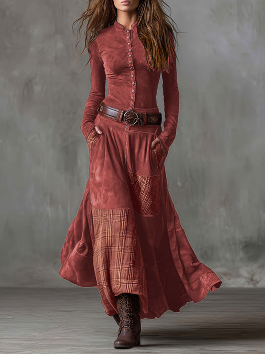 Christmas Party Rusty red plaid maxi dress